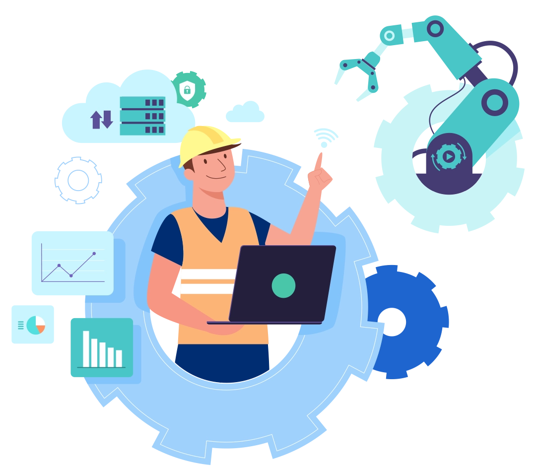 Smart Manufacturing Automation IoT Connected Engineer with Robotic Arm and Real-Time Production Monitoring