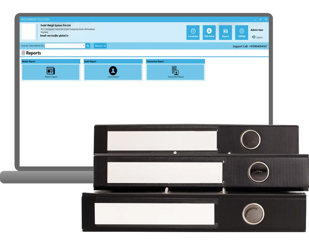Computer monitor displaying the Endel Weigh System reporting dashboard featuring master, audit, and transaction reports stacked beside physical office binder files