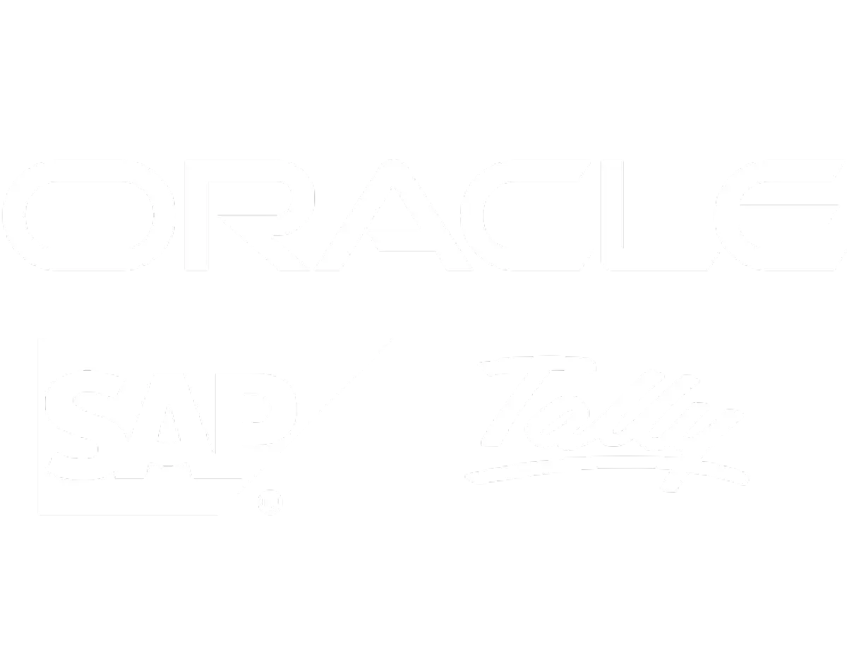 White brand logos of enterprise software leaders Oracle, SAP, and Tally on a transparent background representing industrial system integrations