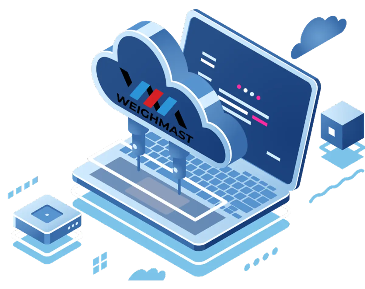 Isometric 3D vector illustration of an open laptop connected to a WeighMAST cloud data hub with floating architectural blocks and digital cloud symbols